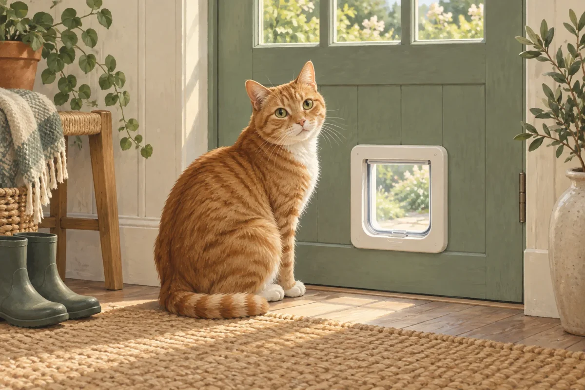 En katt sitter vid en enkel kattlucka i en ytterdörr.