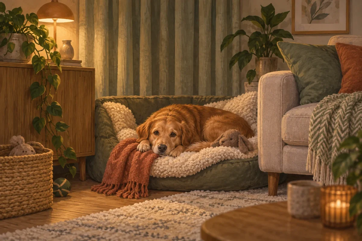 En hund vilar på en filt i en lugn vrå med fördragna gardiner.