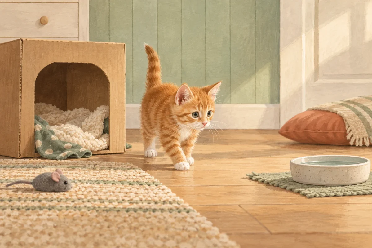 En kattunge utforskar ett lugnt rum med en mjuk gömma och vattenskål.