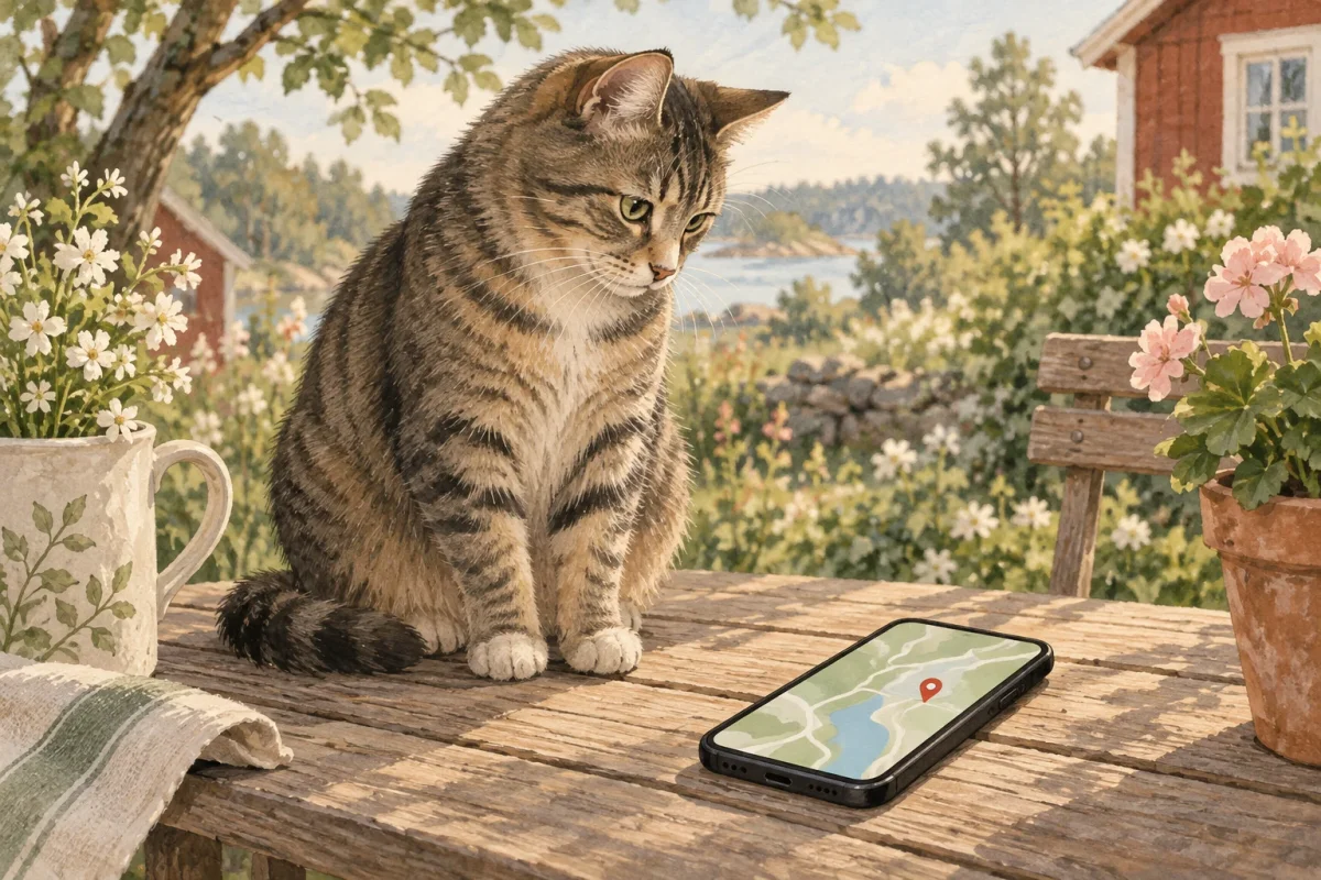En katt sitter bredvid en telefon med en förenklad karta på skärmen.