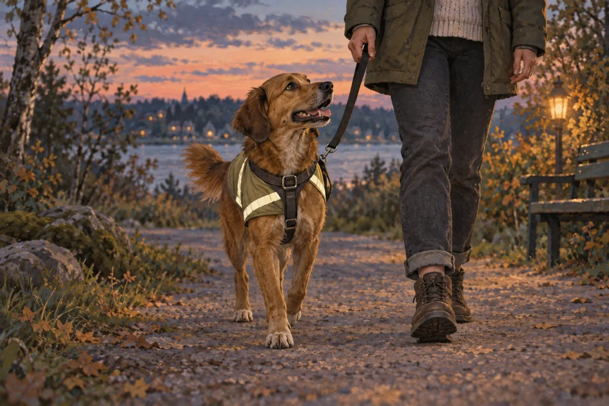 En kopplad hund med reflexväst går med sin ägare på en gångväg i skymningen.