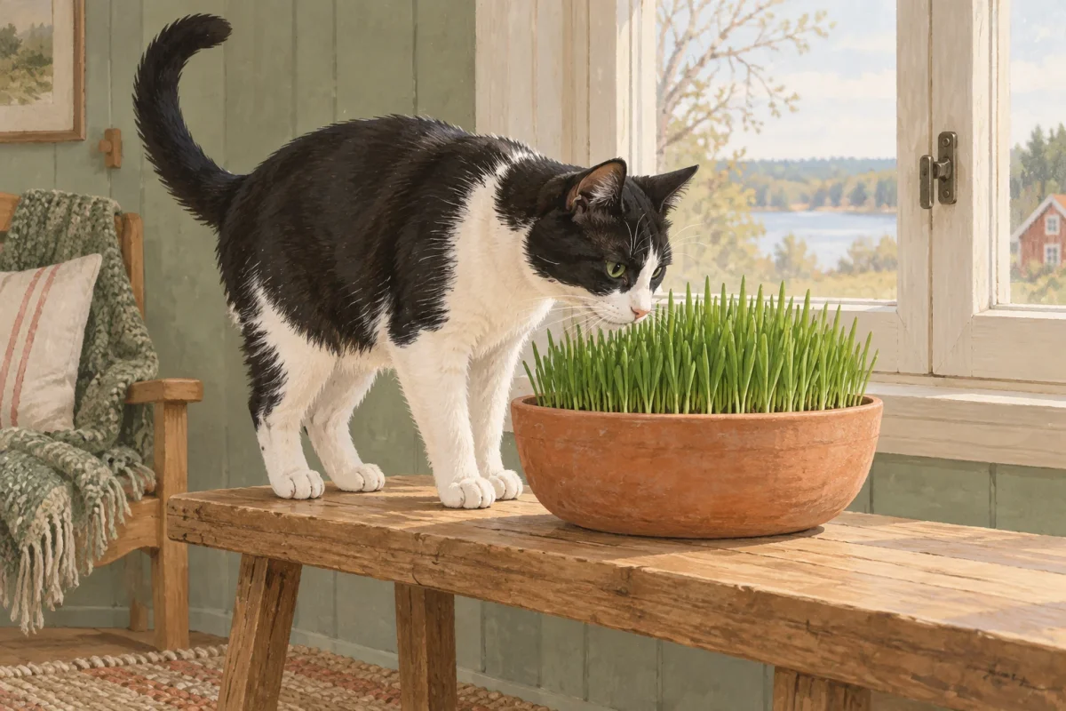 En katt nosar på kattgräs i en stadig kruka vid ett stängt fönster.