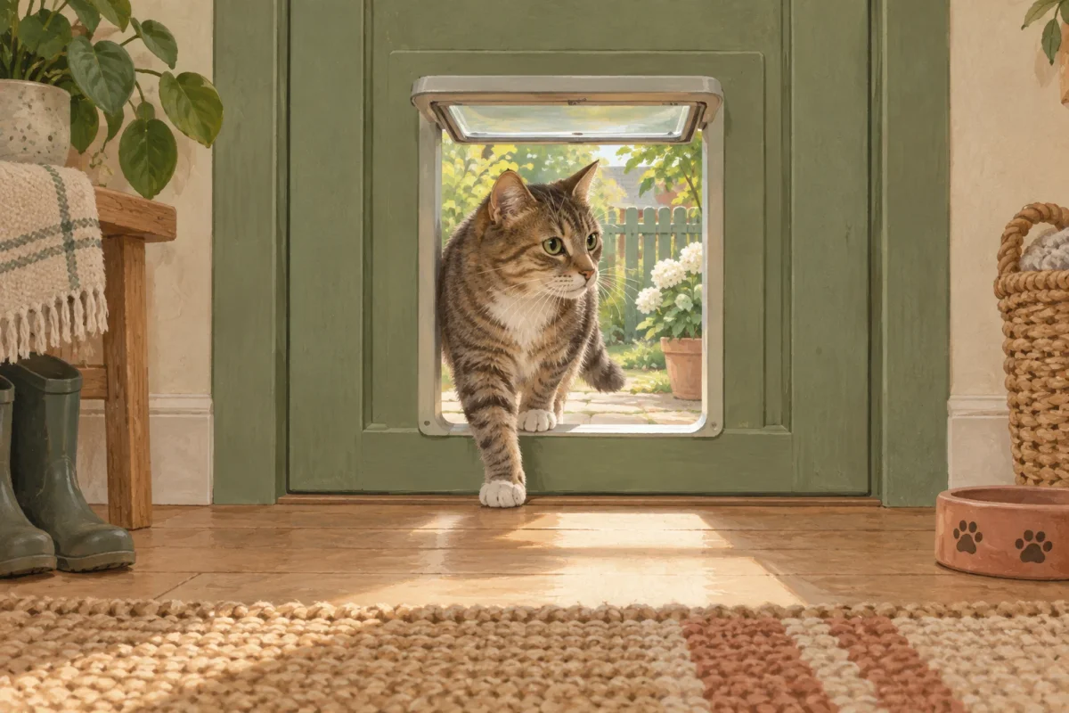 En katt undersöker en kattlucka med luckan uppfälld.