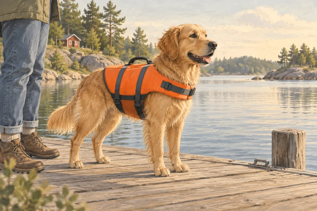 En hund med orange flytväst står på en brygga vid en lugn sjö.