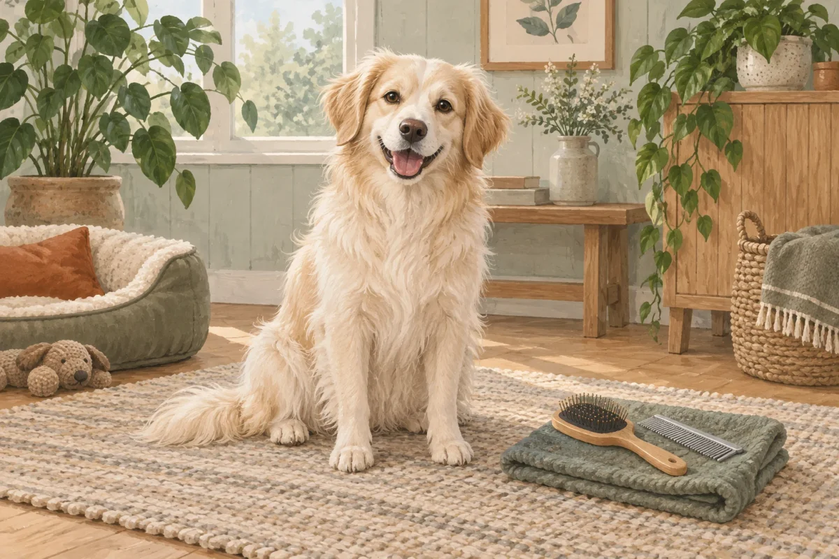 En långhårig hund sitter intill en borste och kam på en handduk.