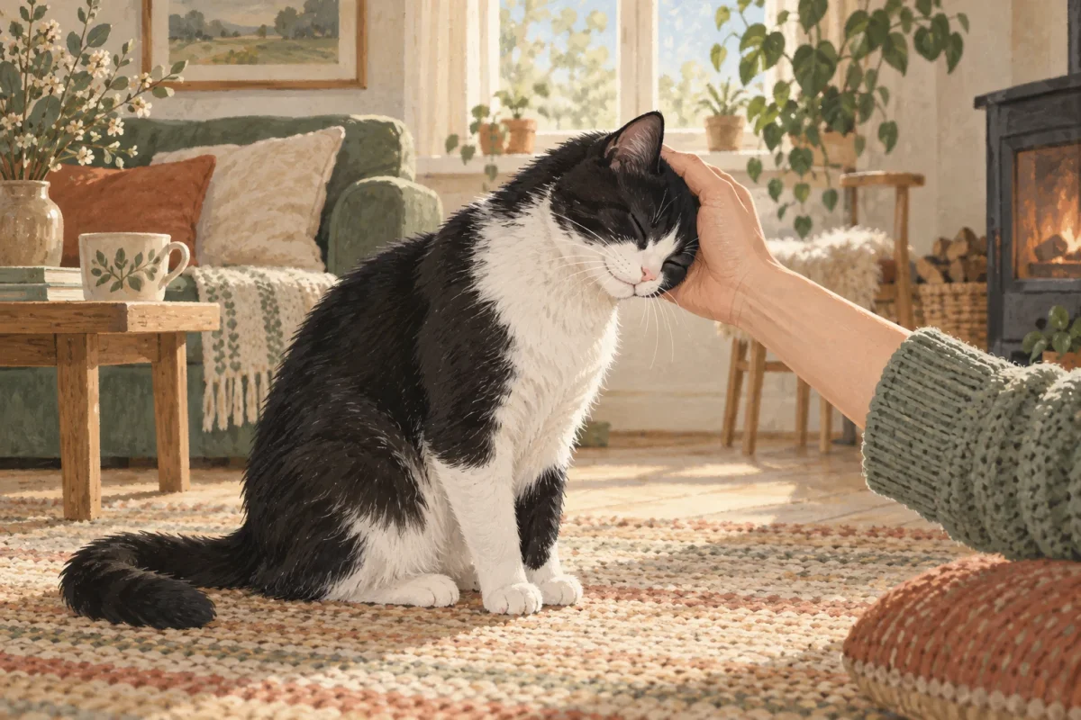 En avslappnad katt trycker försiktigt pannan mot en hand.