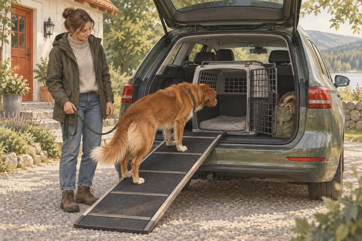 En hund undersöker en öppen transportbur i en parkerad bil via en ramp.