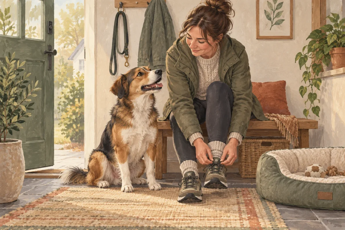 En hund väntar i hallen medan en person förbereder en promenad.